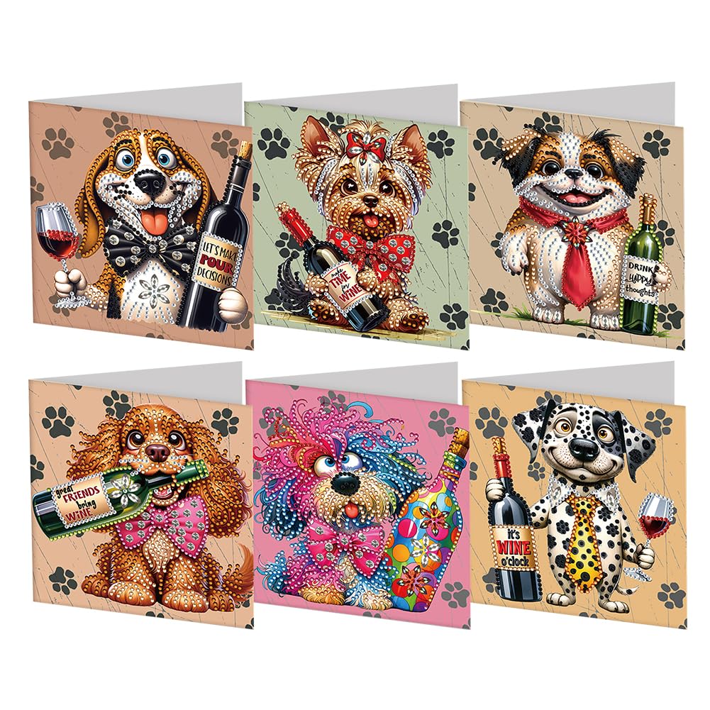 RuiDay 5D DIY Diamond Art Christmas Cards 2024 - 6Pcs Creative Cards With Christmas Elements for Xmas Birthday (Puppy)