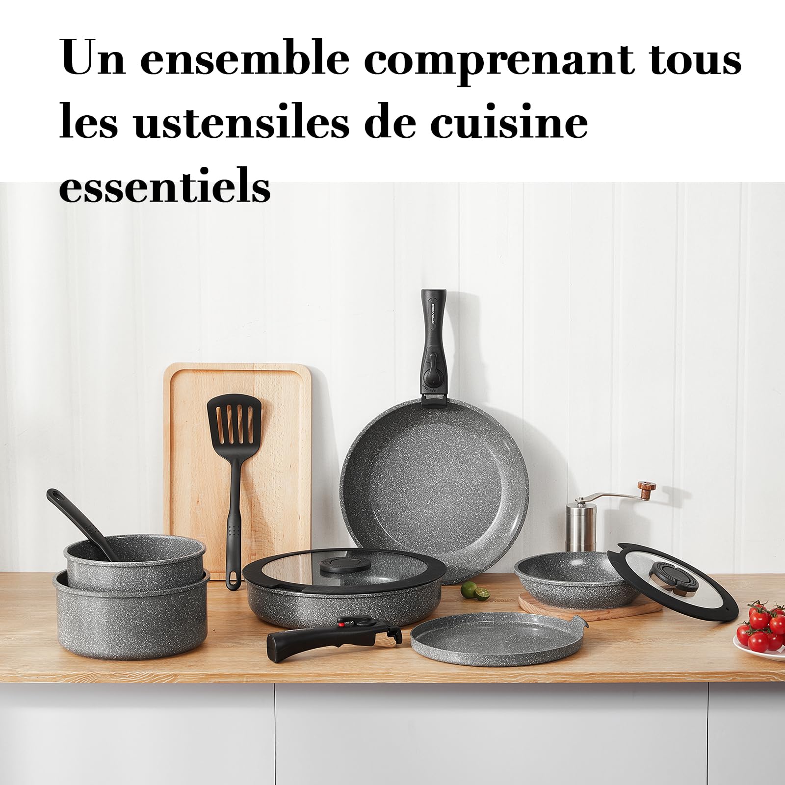 Batterie de cuisine induction 16 pièces 20cm/28cm poignées amovibles empilable antiadhésif céramique sans PFAS gris