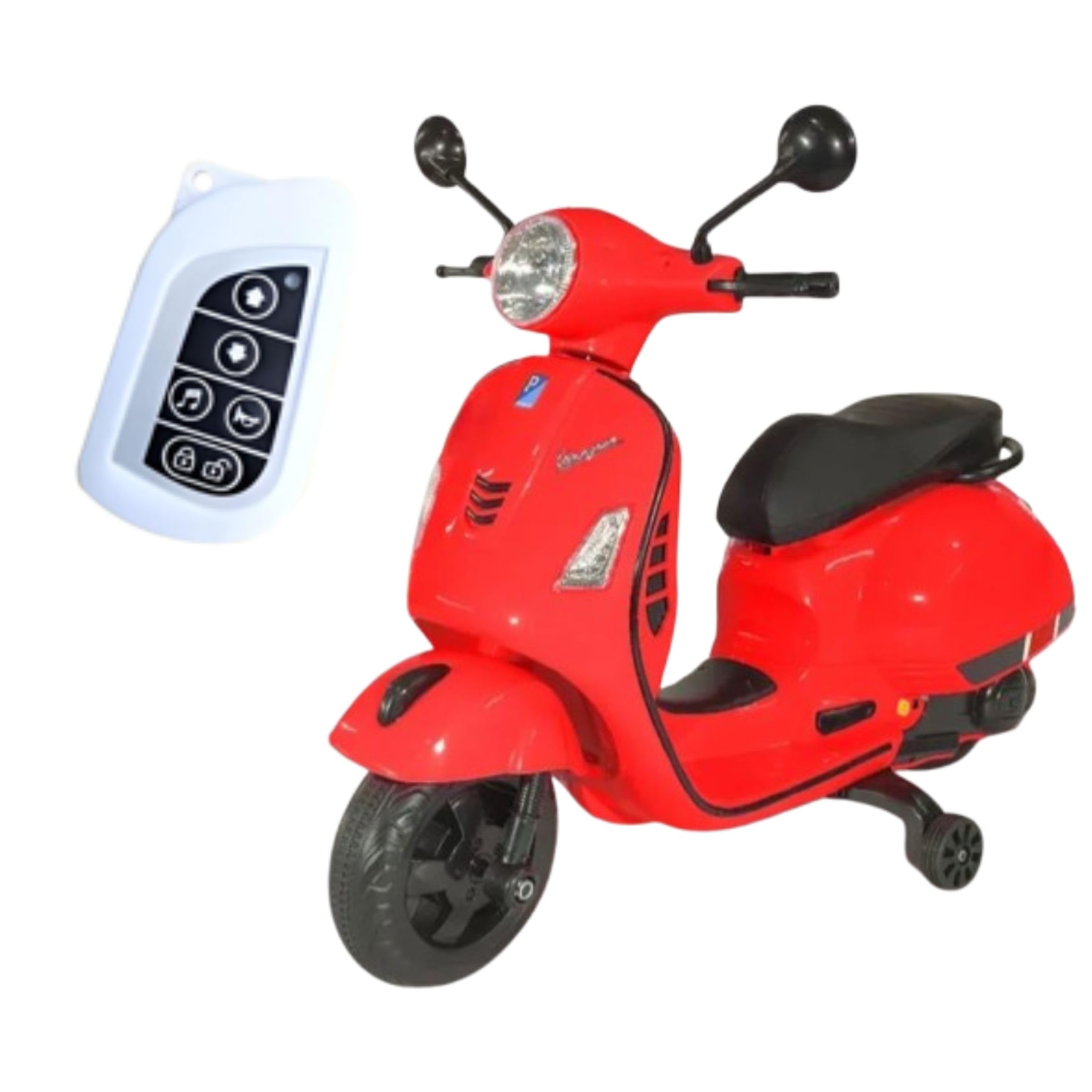 12V Vespa Rechargeable Battery Ride-On Scooter for Kids with Remote Control, Music, LED Lights & Training Wheels - Safe & Fun Electric Motorcycle for Ages 1-6 - Red
