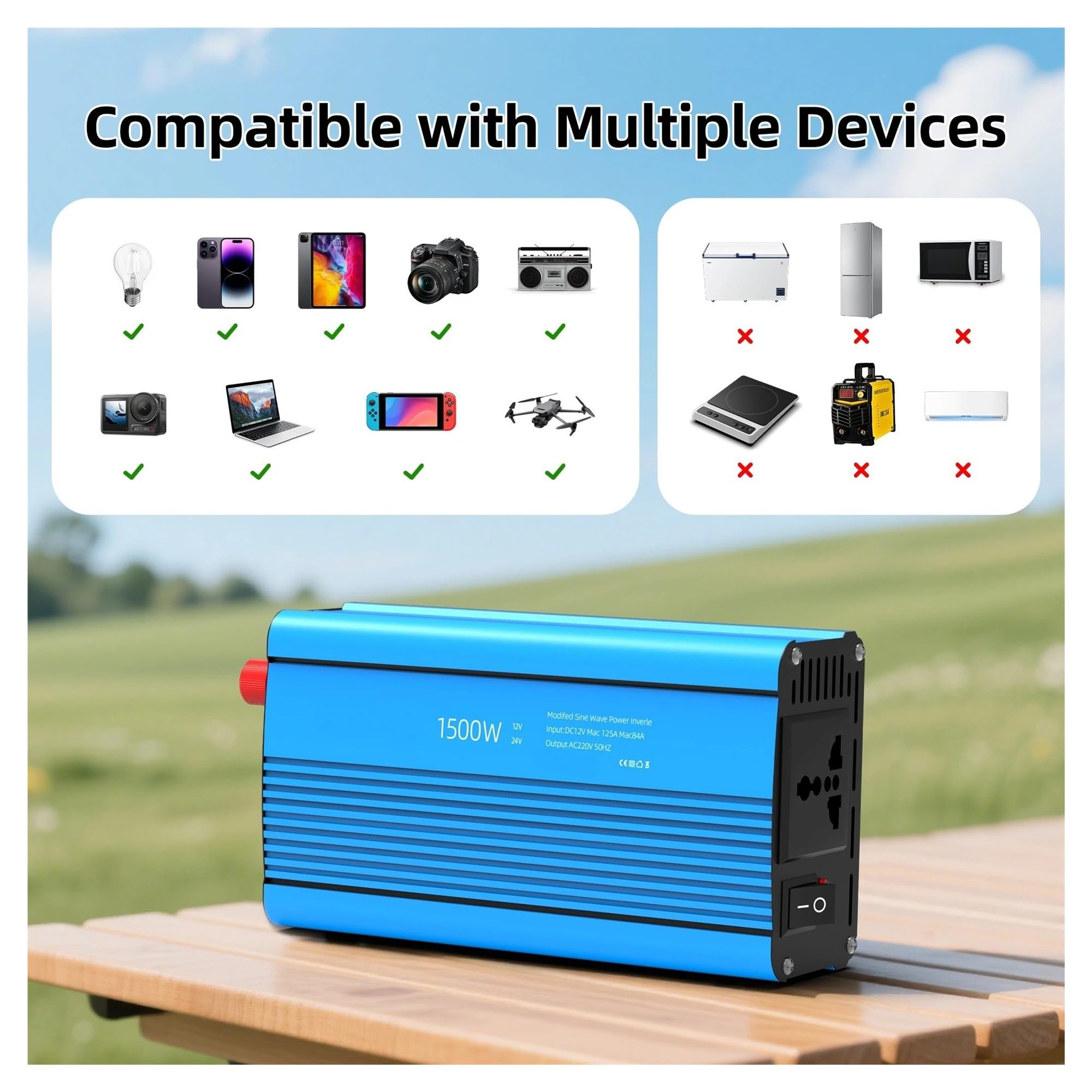 Convertidor Adaptador Inversor Coche 12V/24V 220V Potencia 500W/1500W/2000WConvertidor Enchufe Onu 12 Voltios Auto Inversor12v Transformador Solar inversor