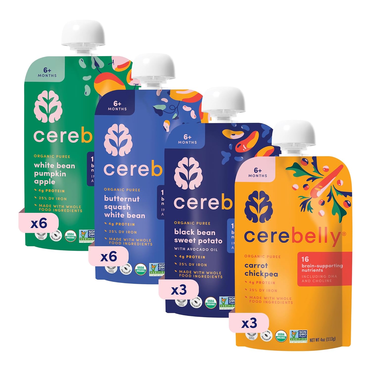 Cerebelly Organic Baby Food Pouches, Vegetarian Protein Bundle, Vegan, No Added Sugar & Non-GMO, 4 oz, 18 Pack