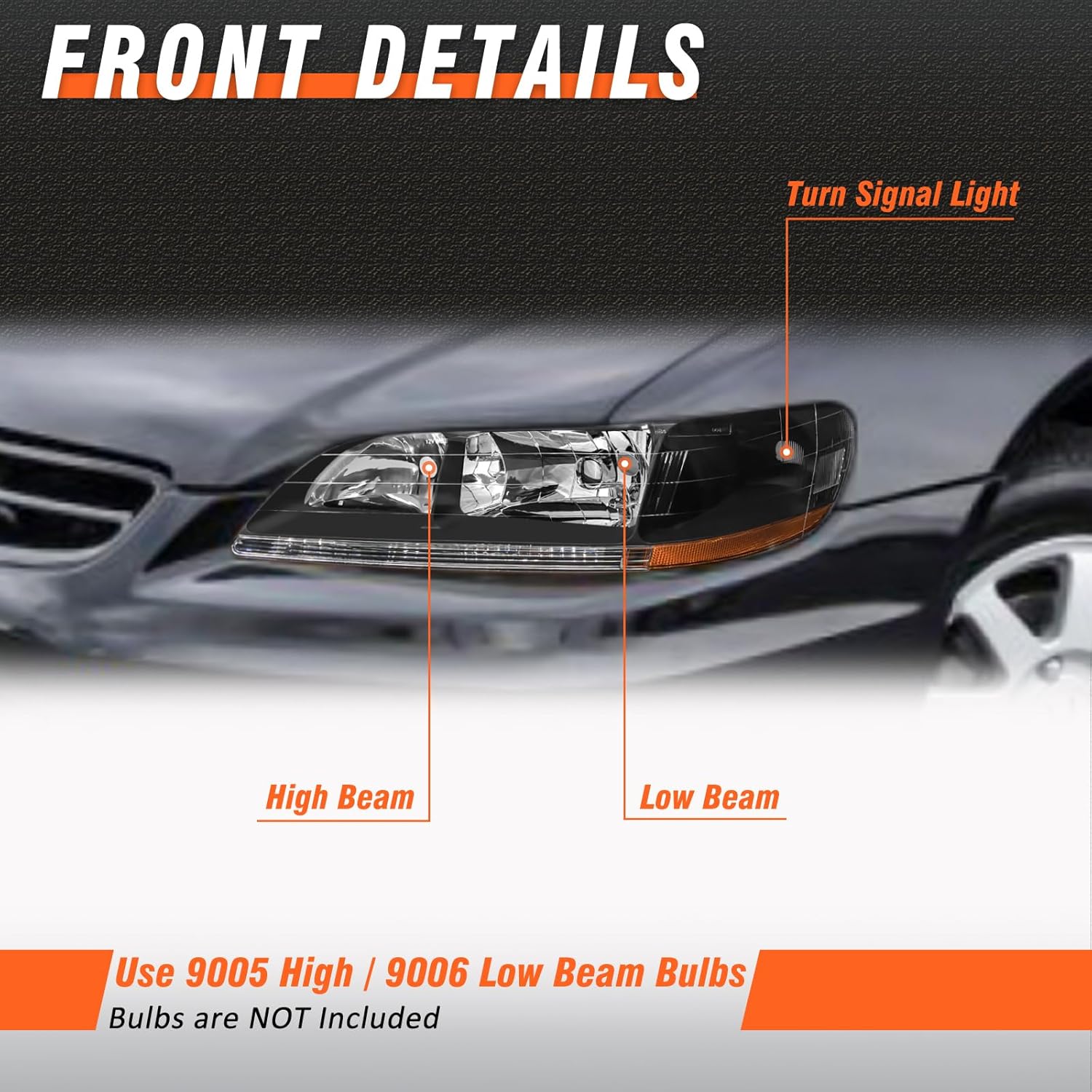 1998-2002 Honda Accord Headlights Assembly Compatible with 1998 1999 2000 2001 2002 Accord 2/4Dr Black Housing Amber Reflector Replacement Left and Right