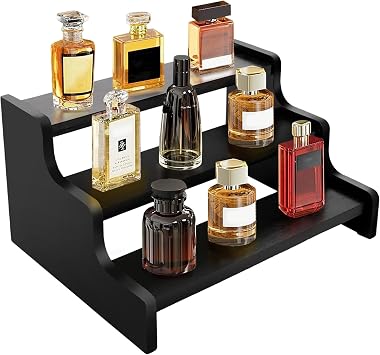 Wooden Cologne Organizer for Men, Cologne Stand with Anti-Slip Washers, Wooden Display Risers Stand for Figures, Fragrances, Dessert, Cupcake, Makeup Black, 3-tier-9.4in