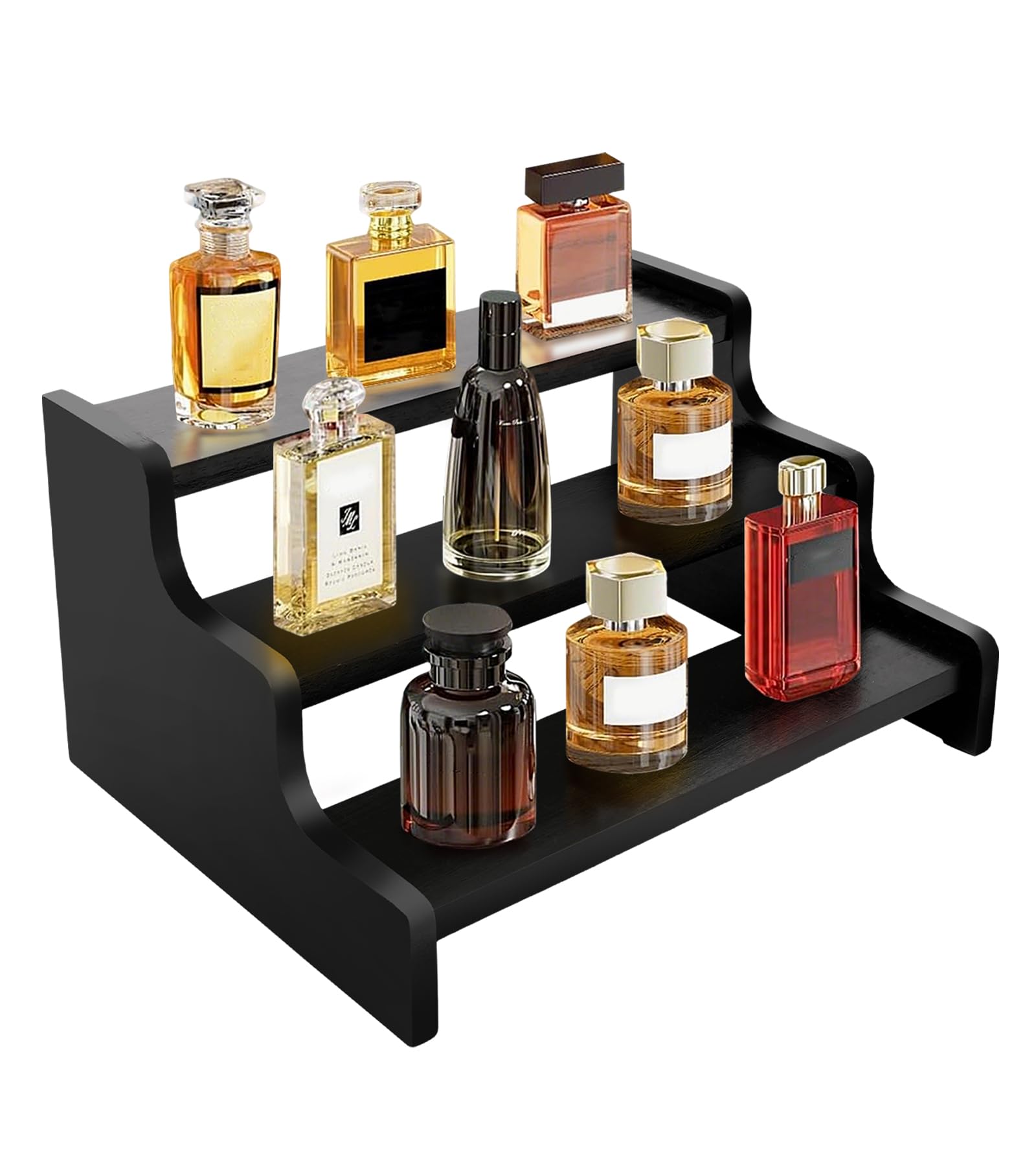 Drewniany organizer do wody kolońskiej dla mężczyzn, stojak na perfumy, stojak z antypoślizgowymi podkładkami, drewniany stojak na figurki, zapachy, deser, babeczki, makijaż (czarny, 3 poziomy-24 cm)