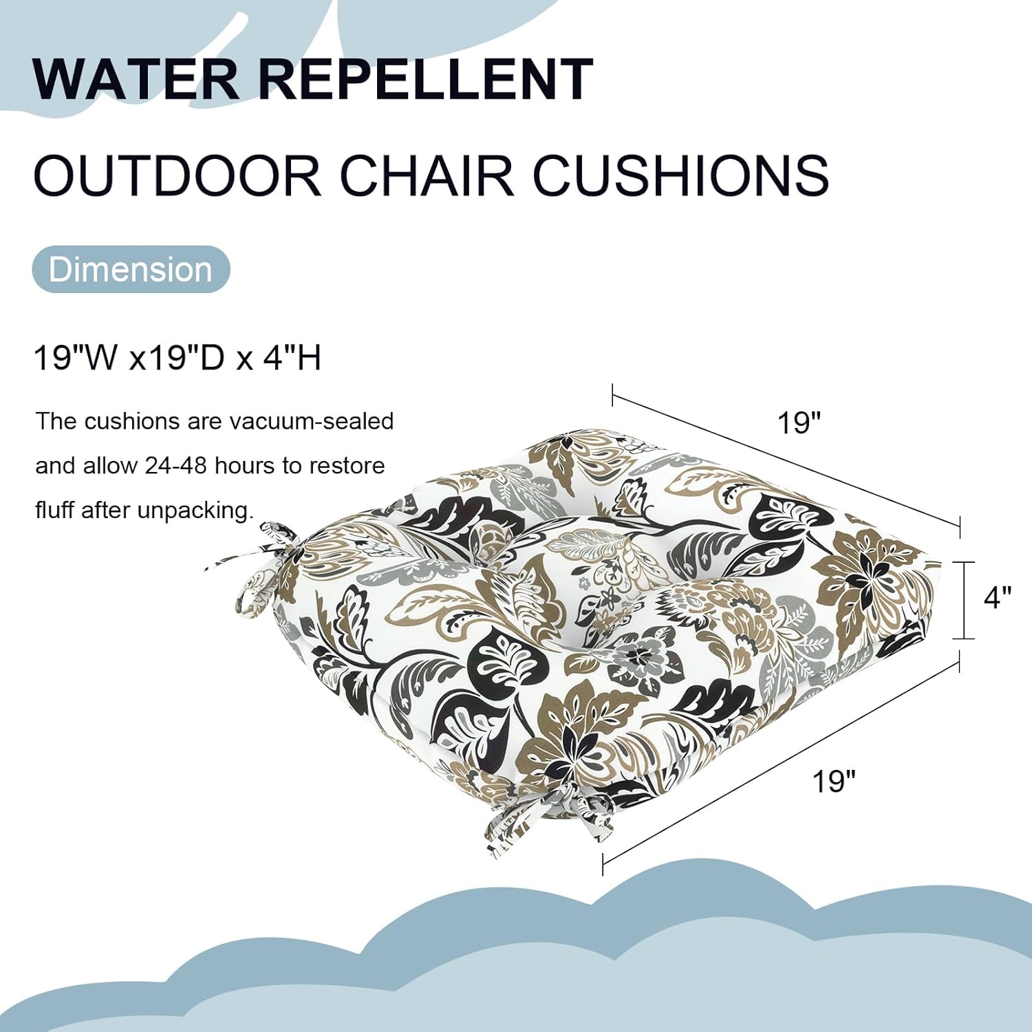 DYTXIII Set of 2 Outdoor Chair Cushions 19"x19"x4", Water Repellent Tufted Patio Seat Cushions with Ties, Thick Replacement Pads for Wicker Dining Chairs, Patio Furniture, Dailey Tan
