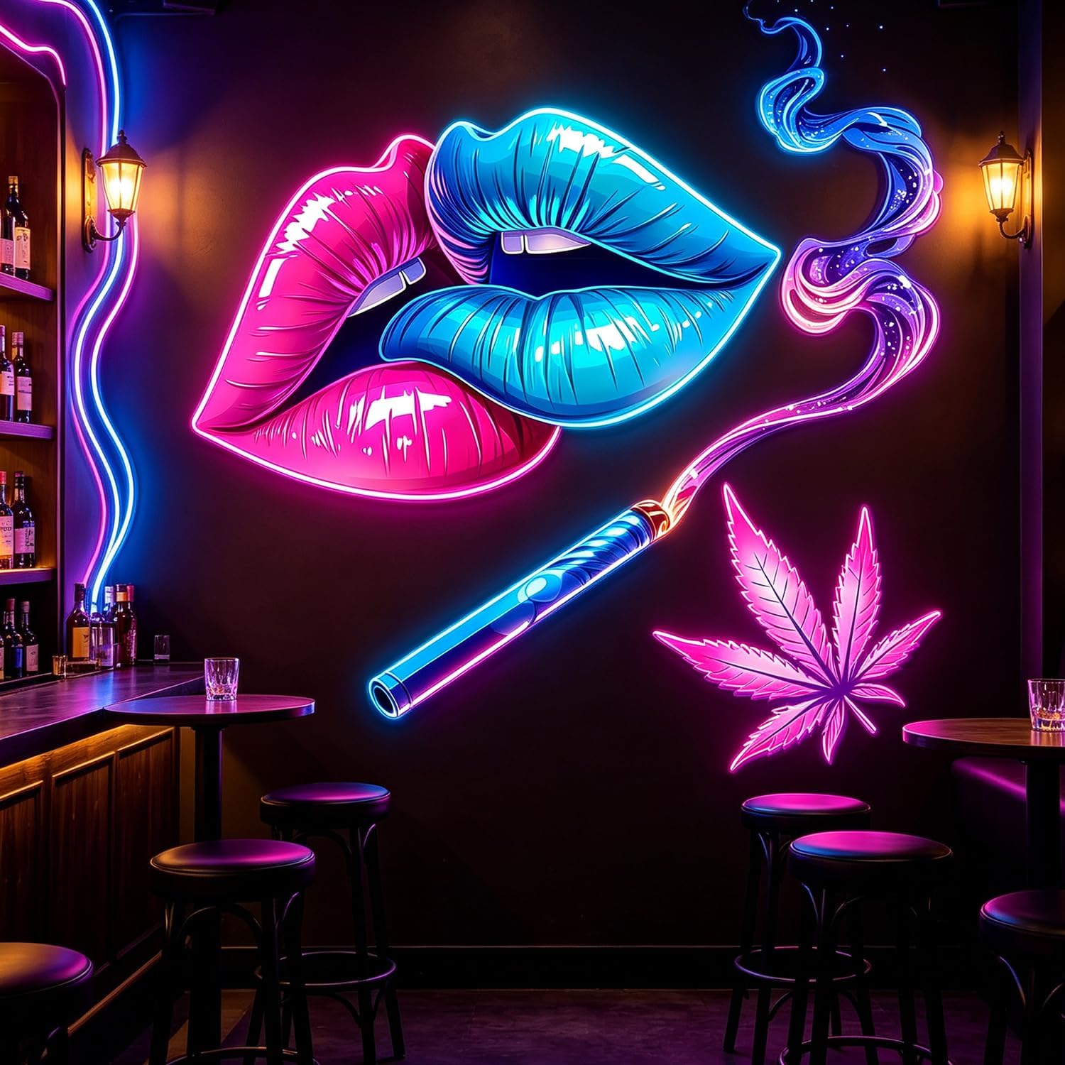 Neon Pink Blue Gradient Lips Swirl Galaxy Smoke Pop Art Wall Decals Decor | Removable peel & stick vinyl mural vibrant neon design renter-friendly no-residue wall sticker murals for bedroom dorm studio