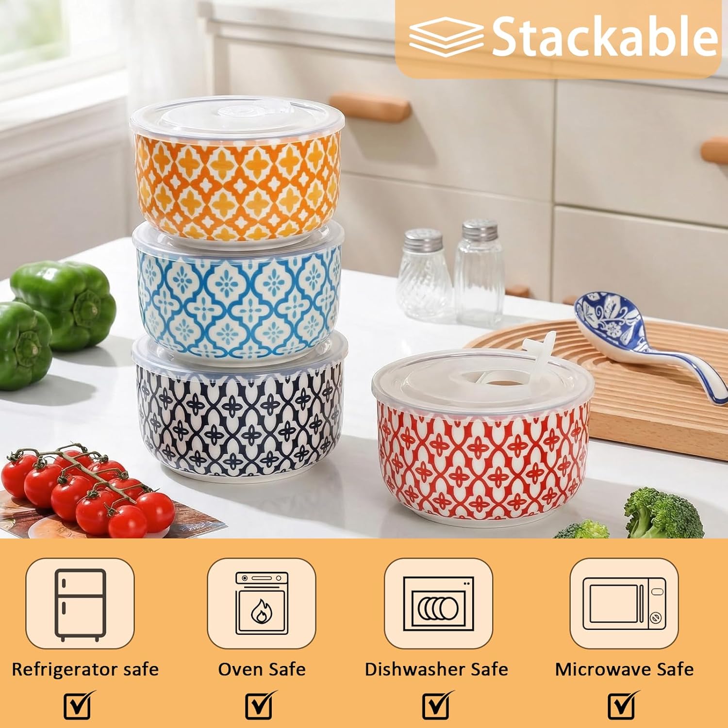 Ceramic Bowls with Lids Set of 4,20 oz Ceramic Serving Bowls with Lids for Kitchen,Office Lunch,Picnic, 5 Inch Prep Bowls for Meal Prep, Cereal, Salad, Microwave Dishwasher Safe