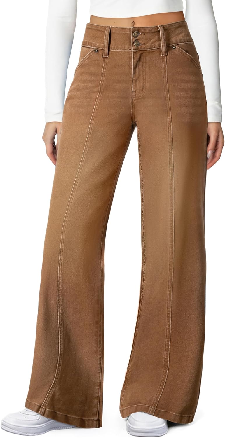 Sidefeel Women's Wide Leg Jeans High Waisted Stretchy Straight Leg Jeans Trendy Seamed Front Loose Denim Pants