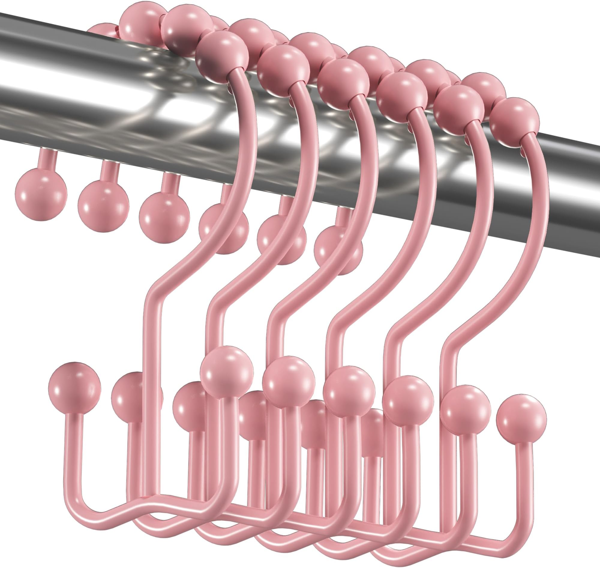 Shower Curtain Hooks Rings, Rust-Resistant Metal Double Glide Shower Hooks for Bathroom Shower Rods Curtains, Set of 12 Hooks - Light Pink