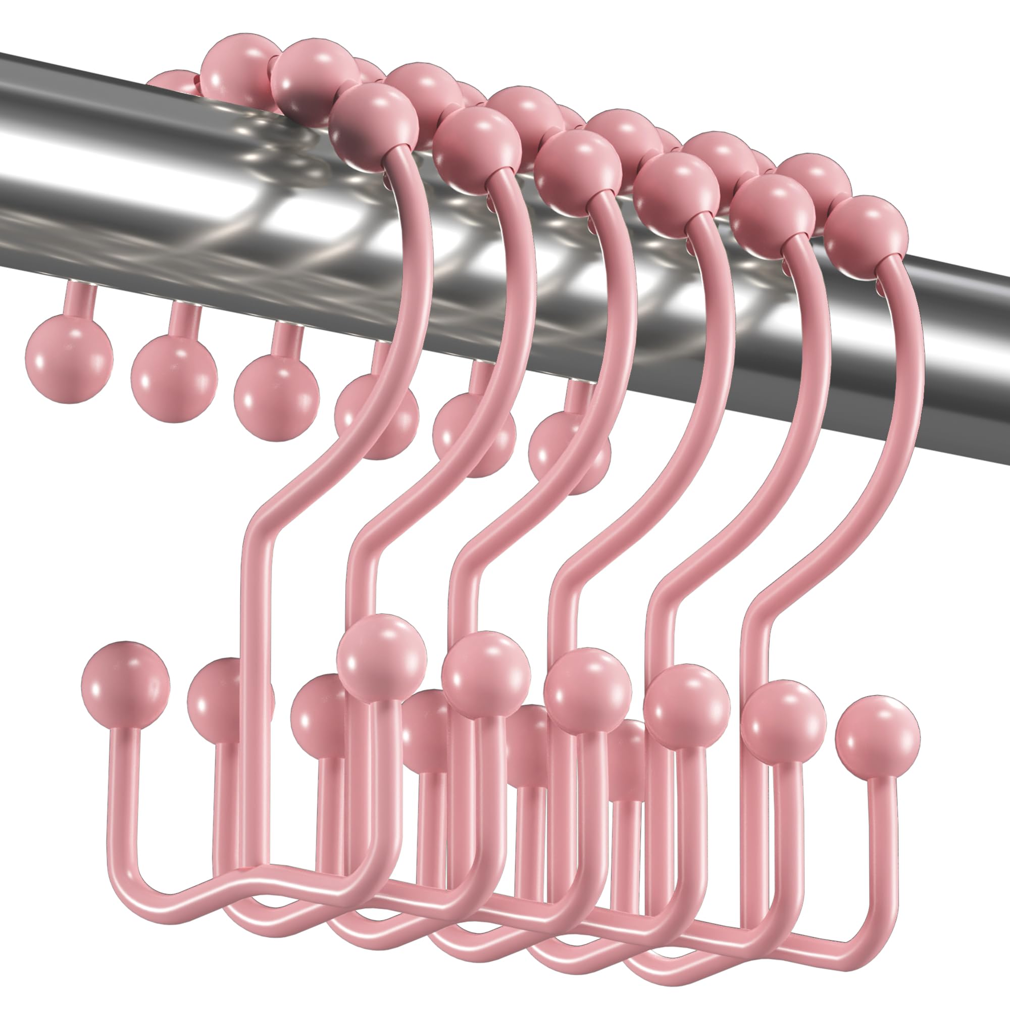 Titanker Shower Curtain Hooks Rings, Rust-Resistant Metal Double Glide Shower Hooks for Bathroom Shower Rods Curtains, Set of 12 Hooks - Light Pink