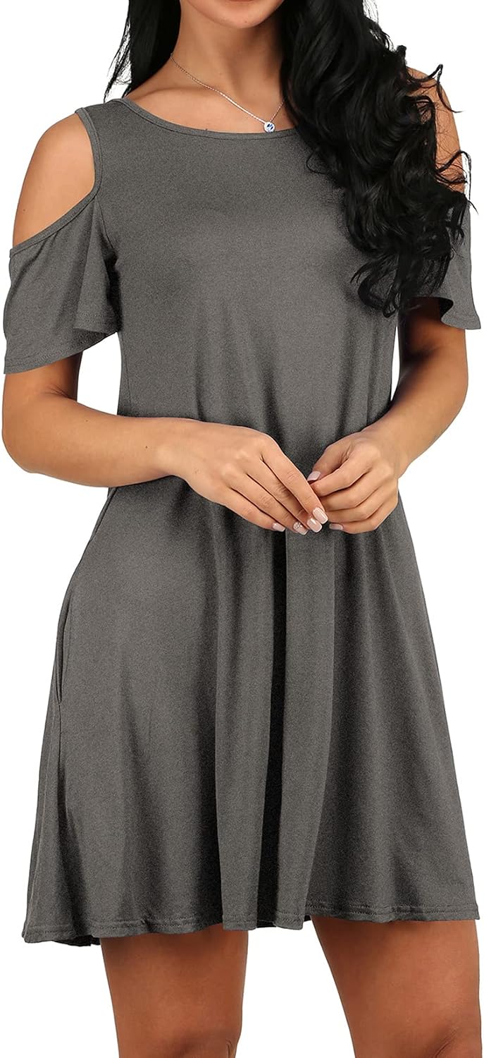 Lu's Chic Women's Summer Dress Mini Cold Shoulder Short Sleeve Casual Swing Scoop Neck Pockets