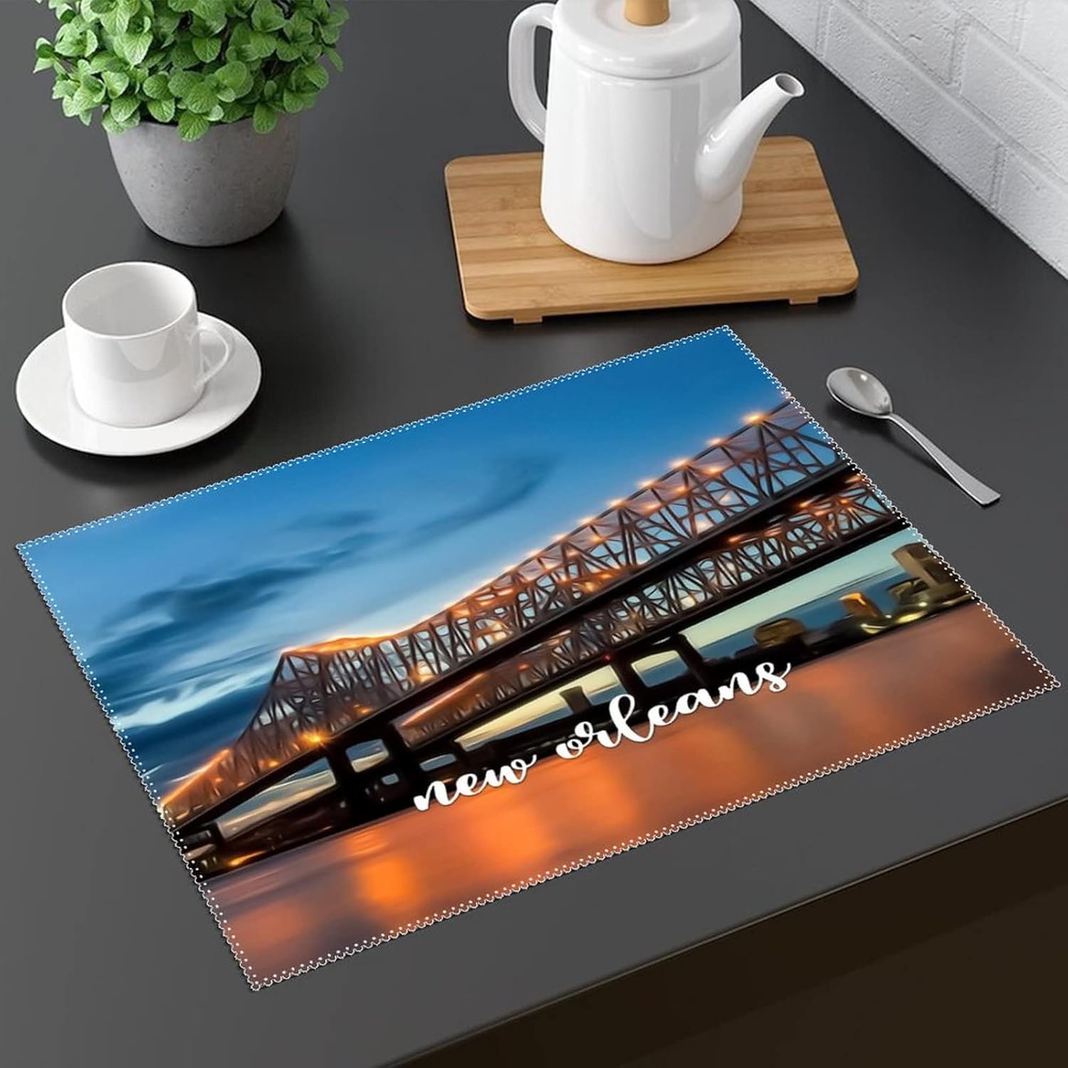 American Louisiana State New Orleans Placemats for Dining Table, New Orleans Scenery Cityscape Heat Resistant Place Mats, Washable PVC Table Mats, Non-Slip Stain Resistant Kitchen Table Placemat