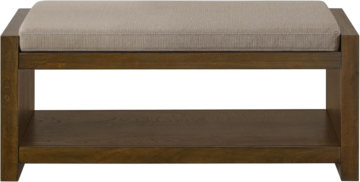 Accent Bench with Lower Shelf Shoe Rack, Padded Seating Bench for Living Room, Modern Compact Bed End Bench with Storage for Bedroom Seating, Removable Cushion (Linen, 40" L)