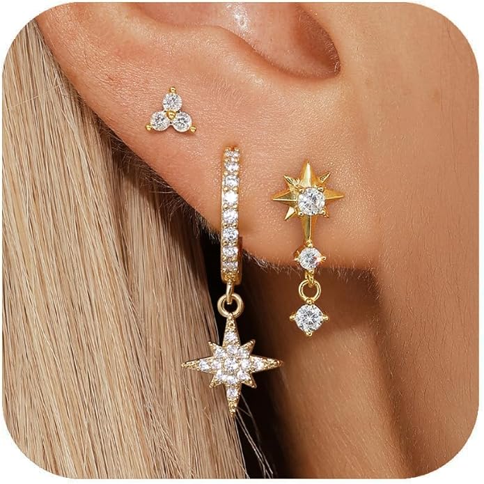 14K Gold Star Earrings, Dainty Cute Star Earrings Dangle