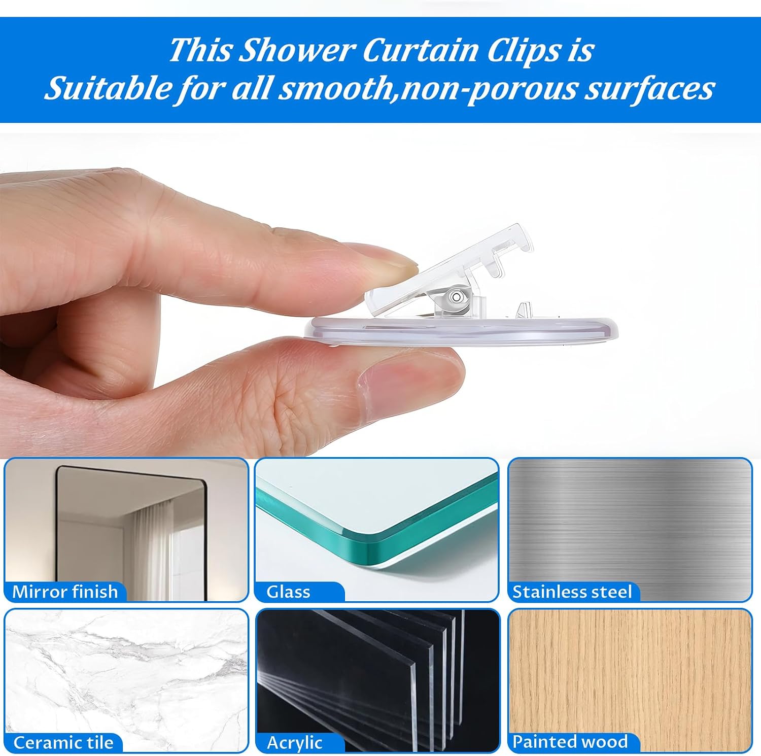 4Pcs Shower Curtain Clips, Sticky Windproof Shower Splash Guard, Self-Adhesive Showers Curtain Suction Cup Clips for Home Inside Splash Water Wall, Plastic Bathroom Accessories(Clear)
