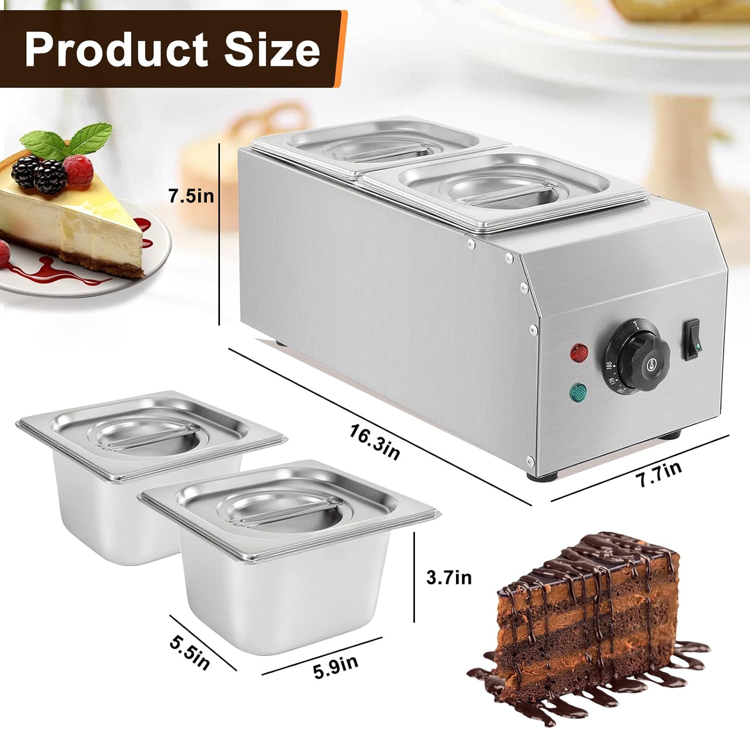 9 Lbs 2 Tanks Chocolate Tempering Machine Chocolate Melter, Chocolate Melting Pot with TEMP Control 86~185℉, 1000W Stainless Steel Electric Commercial Chocolate Warmer and Melter