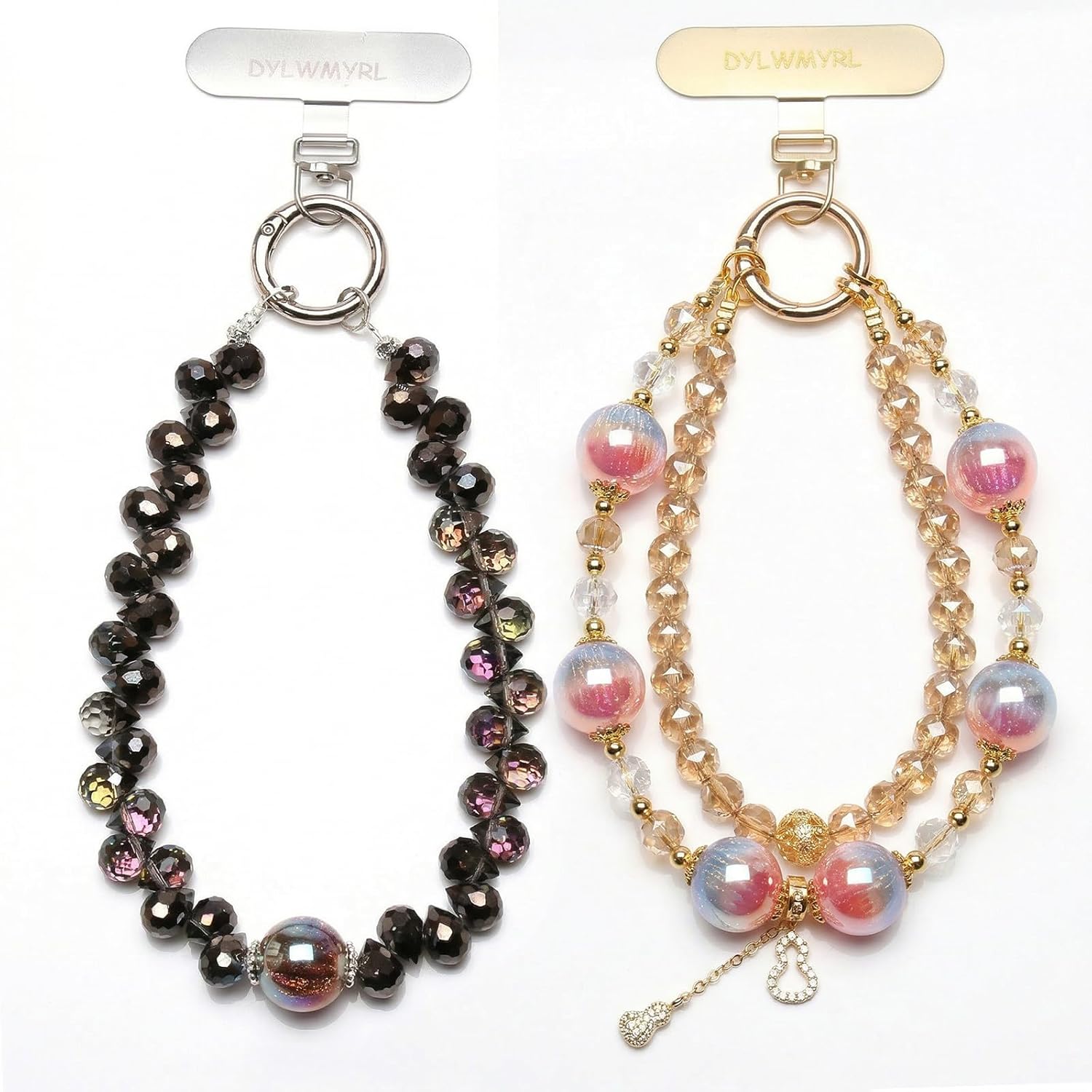 Deep Black Textured Crystal & Pink-Purple Gradient Combo Phone Wrist Strap, Handmade Beaded Anti-Lost Phone Chain Wristlet Charm (2 Pcs Set)