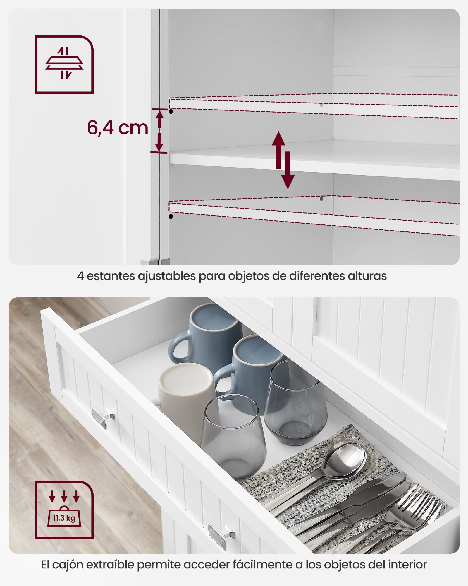 VASAGLE Armario Alto de Cocina, 40 x 76 x 182,1 cm, Armario Independiente, con un Cajón, Estantes Ajustables, 6 Estantes en la Puerta, para Sala de Estar, Cocina, Blanco BBC561W21