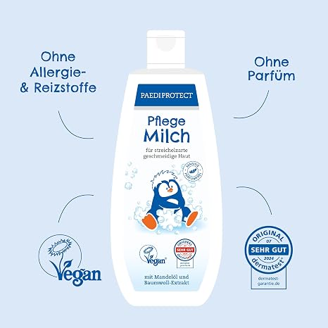 PAEDIPROTECT Care Milk 300 ml for Baby Children and Adults Nourishing Body Lotion with Almond Oil and Panthenol for Dry Skin No Microplastics Vegan