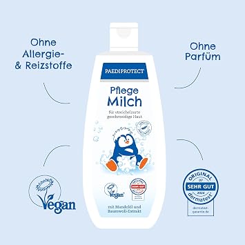 PAEDIPROTECT Care Milk 300 ml for Baby Children and Adults Nourishing Body Lotion with Almond Oil and Panthenol for Dry Skin No Microplastics Vegan