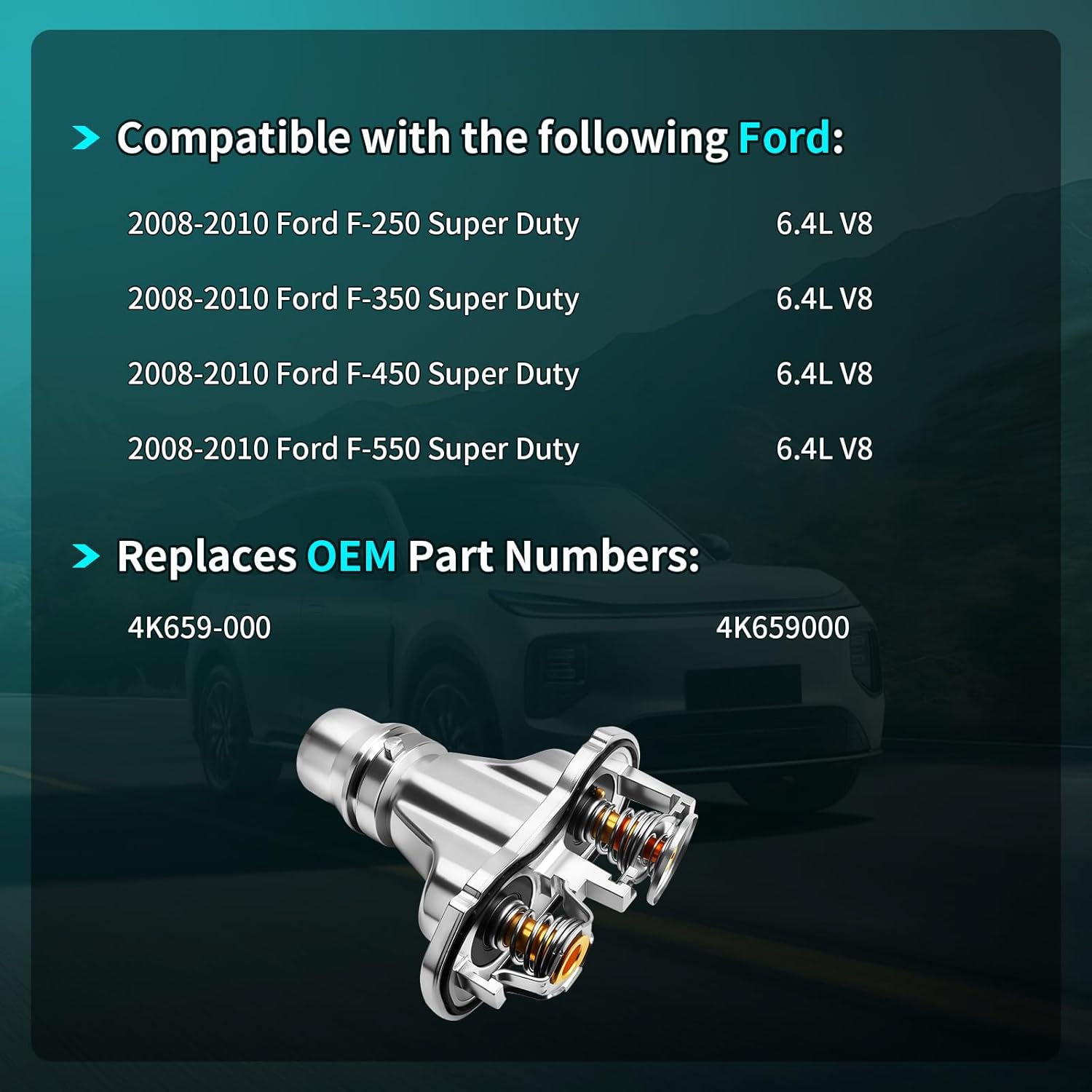 4K659-000 Upgraded Aluminium Engine Coolant Thermostat Housing Assembly Compatible With 2008 2009 2010 Ford F-250 F-350 F-450 F-550 Super Duty 6.4L V8