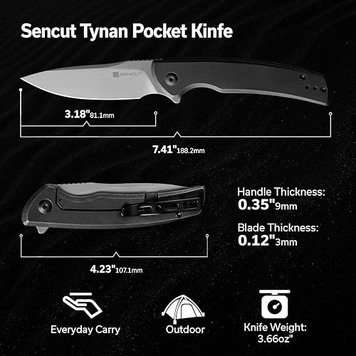 Miniatura 2 de SENCUT Tynan - Cuchillo de bolsillo plegable con hoja de acero inoxidable 10Cr15CoMoV lavado a la piedra gris de 3.18 pulgadas, mango de acero