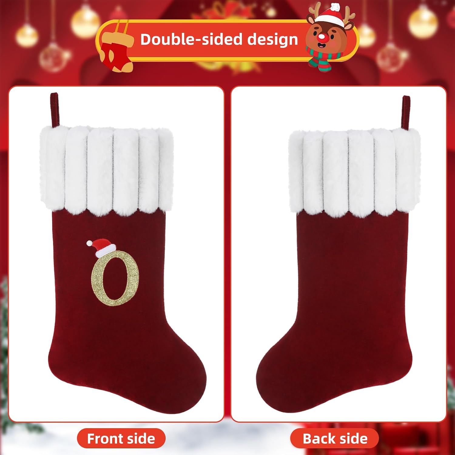 20" Personalized Red Velvet Christmas Stockings,Embroidered Initial | Red Velvet Stocking with White Faux Fur Striped Cuffs,Holiday Mantel,Fireplace & Tree Decor,Christmas Party Decor & Gifts