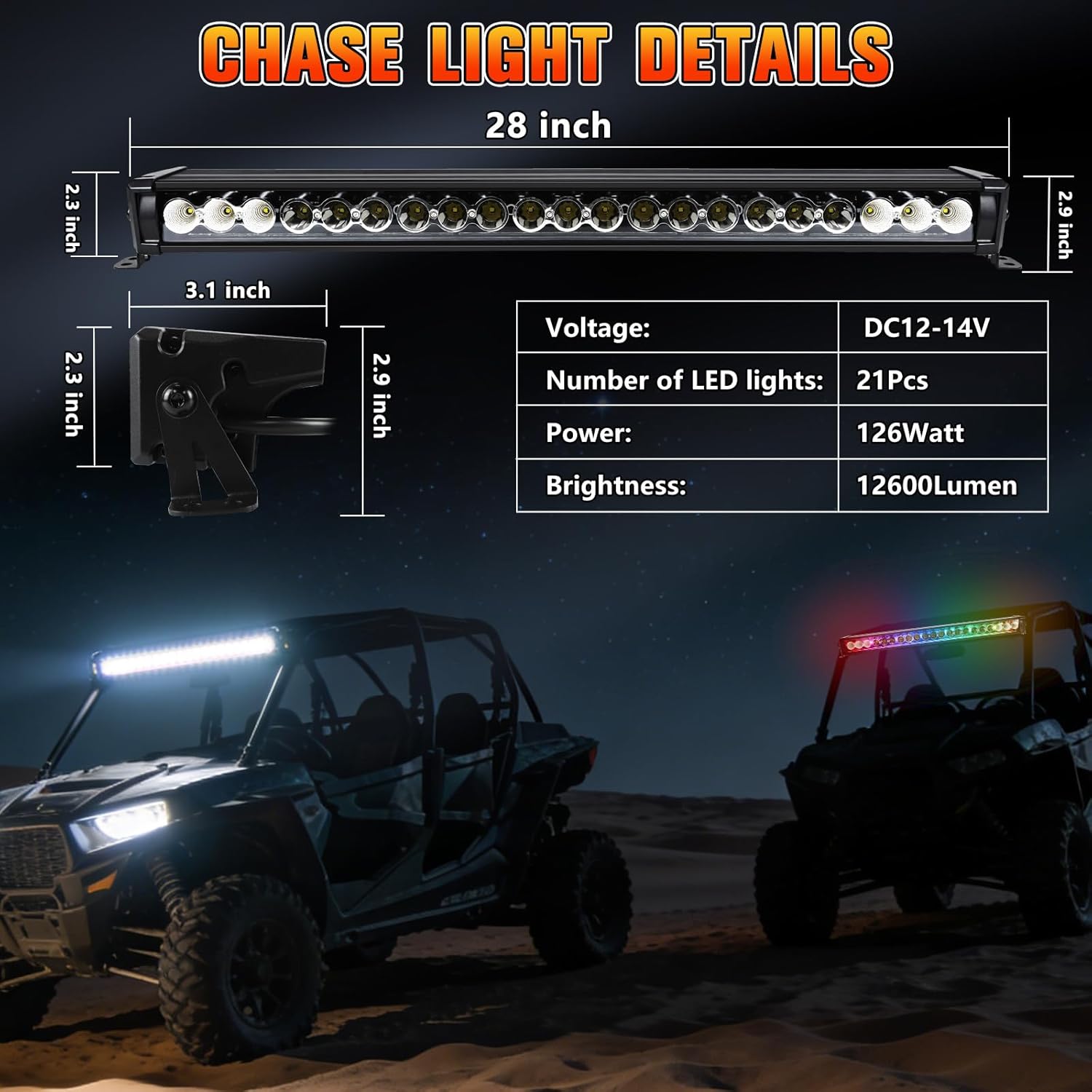 UTV 28” LED Chase Light Bar, Thickened Offroad Strobe Running Lights, Light Bars Compatible with Trucks, ATV, Polaris, Kawasaki, SUV, Two Different Mounting Brackets