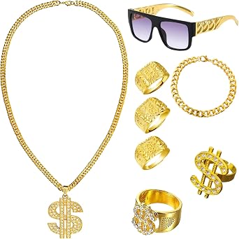 8 Pcs Hip Hop Jewelry Set Include Fake Gold Chain, Dollar Sign Necklace Rings and Hippie Glasses, 90s Fancy Dress Men Accessories, Rapper Costume for Party and Performance