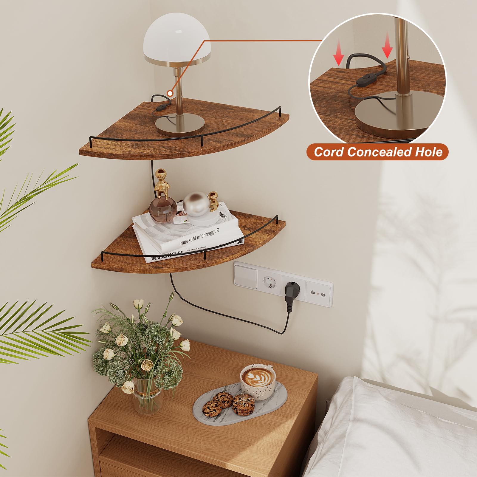 JJL Estante Angular Pared, 30 cm 2 Niveles, Diseño de Abanico, Estilo rústico, con barandilla, Marrón Rústico, decoración Almacenamiento rincones apartamento, Dormitorio, Cocina, baño