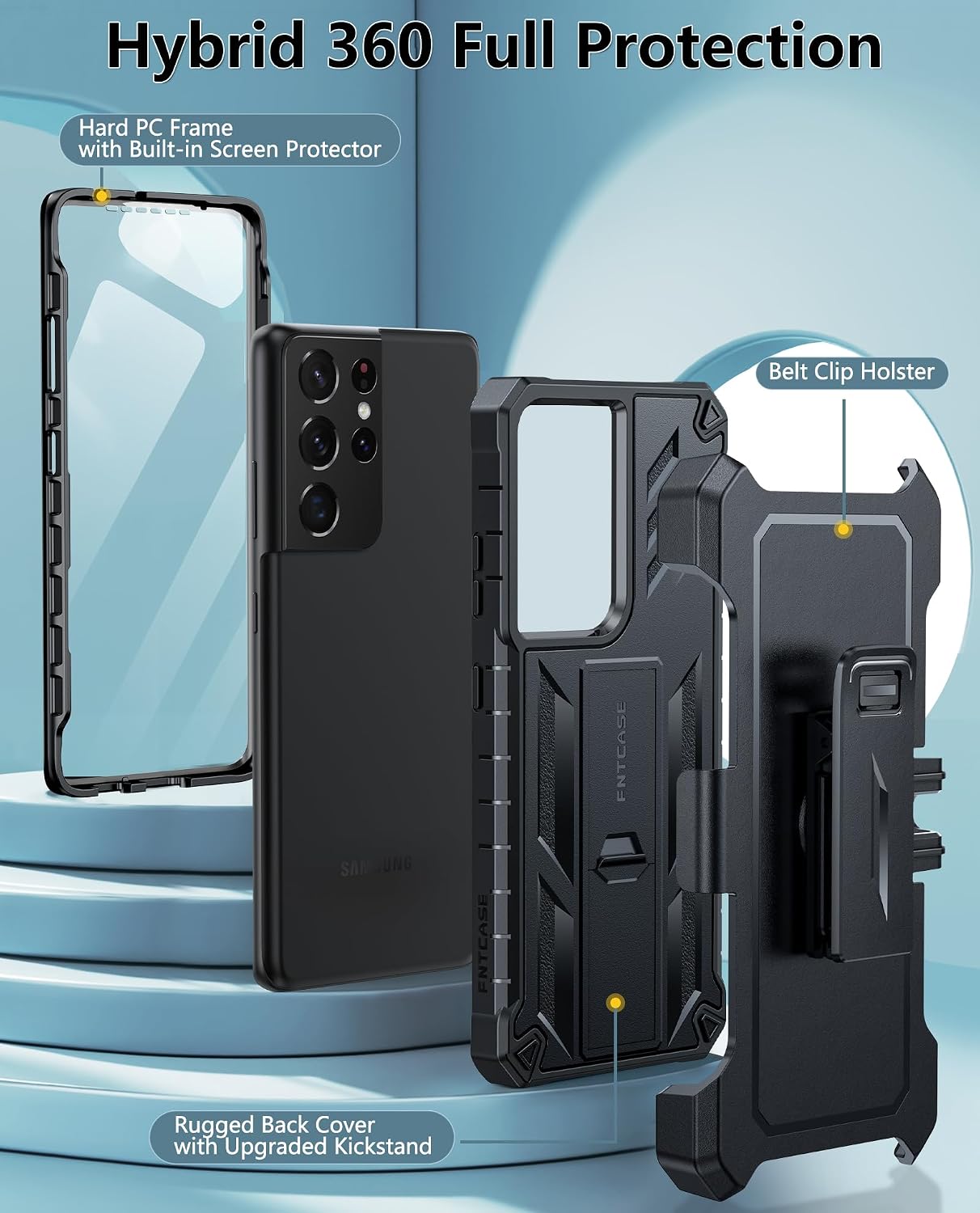 FNTCASE for Samsung Galaxy S21-Ultra Case: Military Shockproof Protective Phone Cover with Belt-Clip Holster & Kickstand, Drop Proof Heavy Duty Rugged Cases for S21Ultra 5G-Black