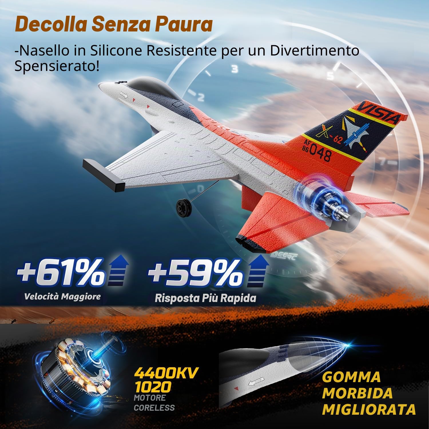 DEERC - Aereo RC in Stile F16 (X-62A Vista), Aereo a 4 Canali Telecomandato, Jet di Controllo Remoto con Stabilizzatore a 6 Axi Gyro, EPP RTF, Modellino di Aliante per Hobby, Facile da Pilotare, per