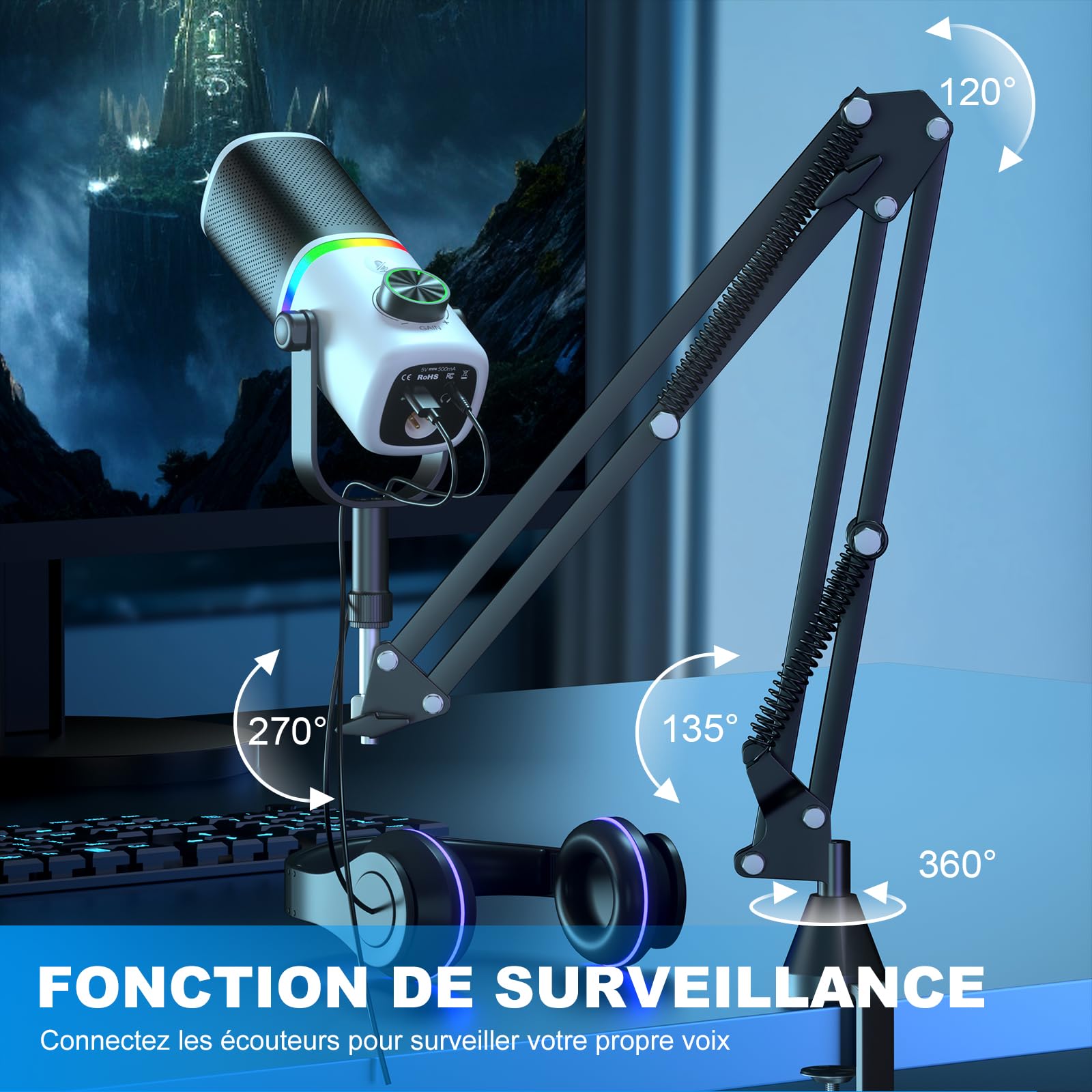 Aokeo AK-10 Microphone de Jeu USB avec Bras Micro, Microphone à condensateur pour PC/Mac/PS4/PS5/téléphone - Micro cardioïde avec éclairage RVB (Blanc)