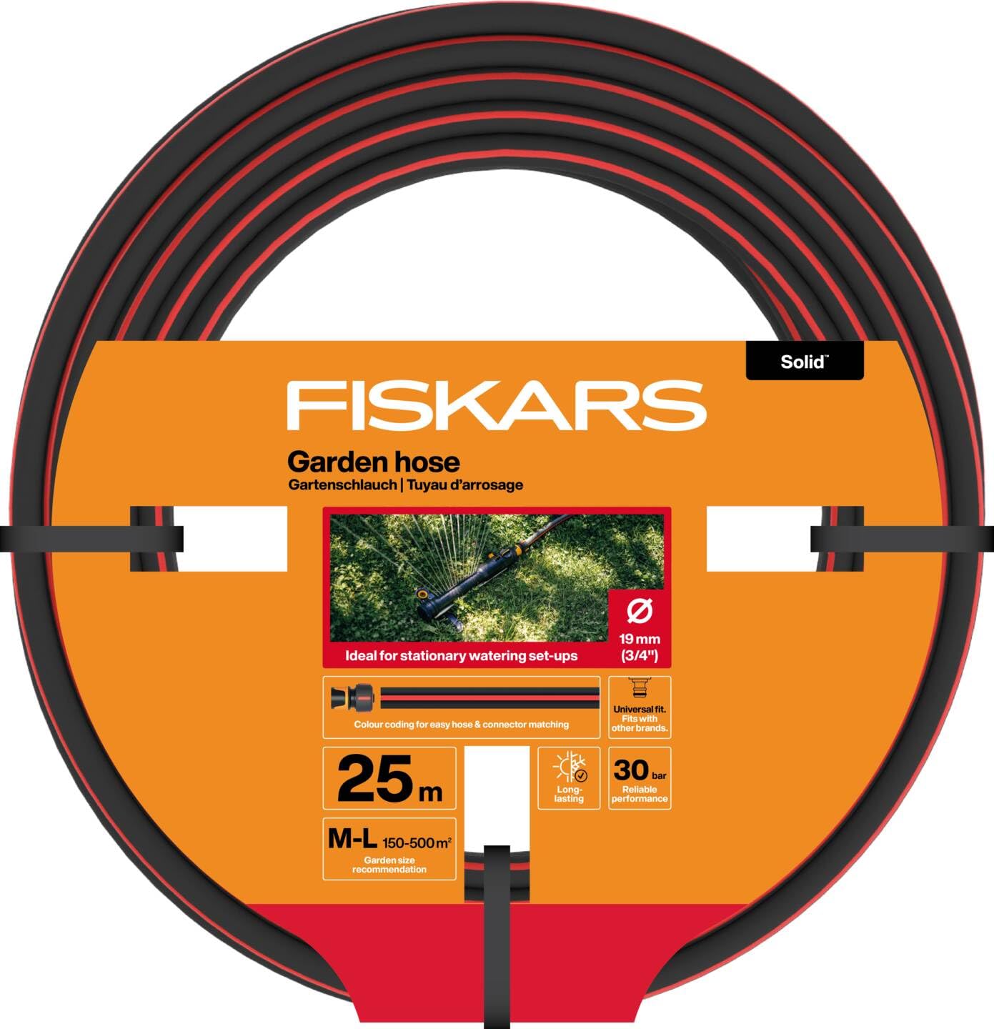 Fiskars Gartenschlauch M-L, Solid, Wasserschlauch für Bewässerungssysteme, 19 mm (3/4"), Länge: 25 m, Universalanschluss, UV-geschützt, Frostgeschützt, Verwindungssteif, Rot, 1076062