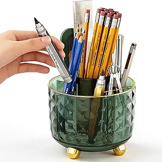 Dark Green Pen Pencil Holder for Desk, 360° Rotating Pen Organizer, Green Office Supplies, Cute Pen Holder, 6-Compartment Pencil Holder Rotating