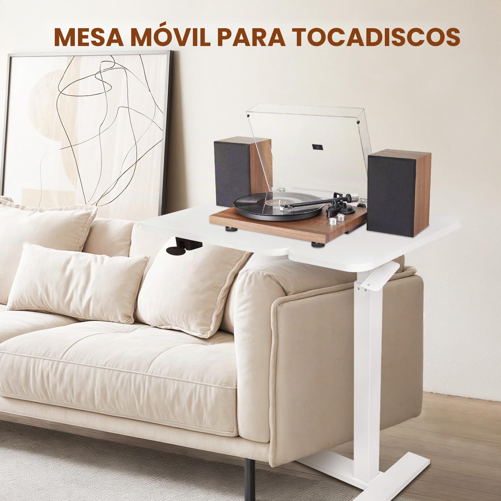 Mesa de Cama neumática Ajustable con Ruedas, Parte Superior Dividida, Mesa de Noche reclinable con Bandeja rodante para Ordenador portátil, Ordenador portátil, Altura 66-106 cm