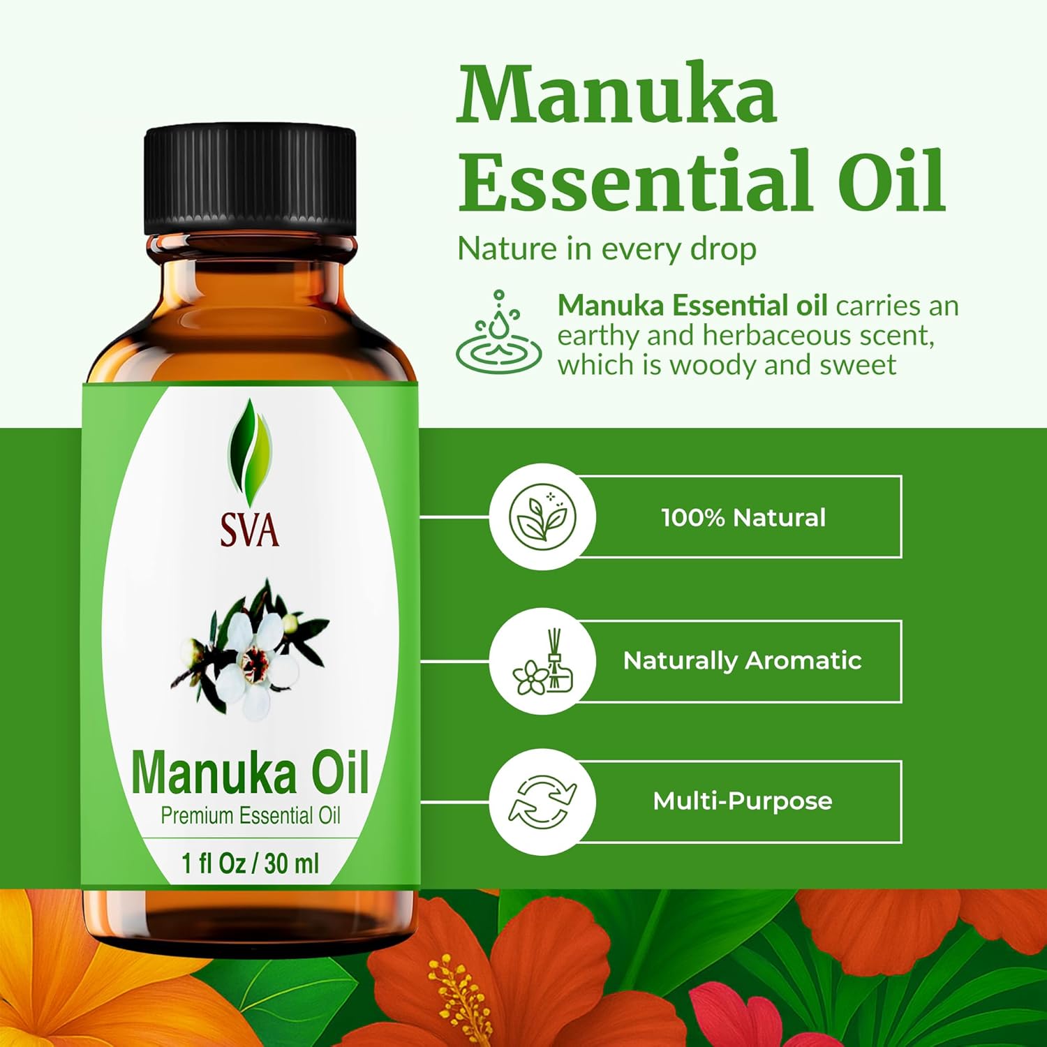 SVA Manuka Essential Oil – 1 Fl Oz – 100% Natural Manuka Oil - for Diffuser, Hair Care, Face, Skin Care, Aromatherapy, Scalp and Body Massage, Soap and Candle Making – with Dropper