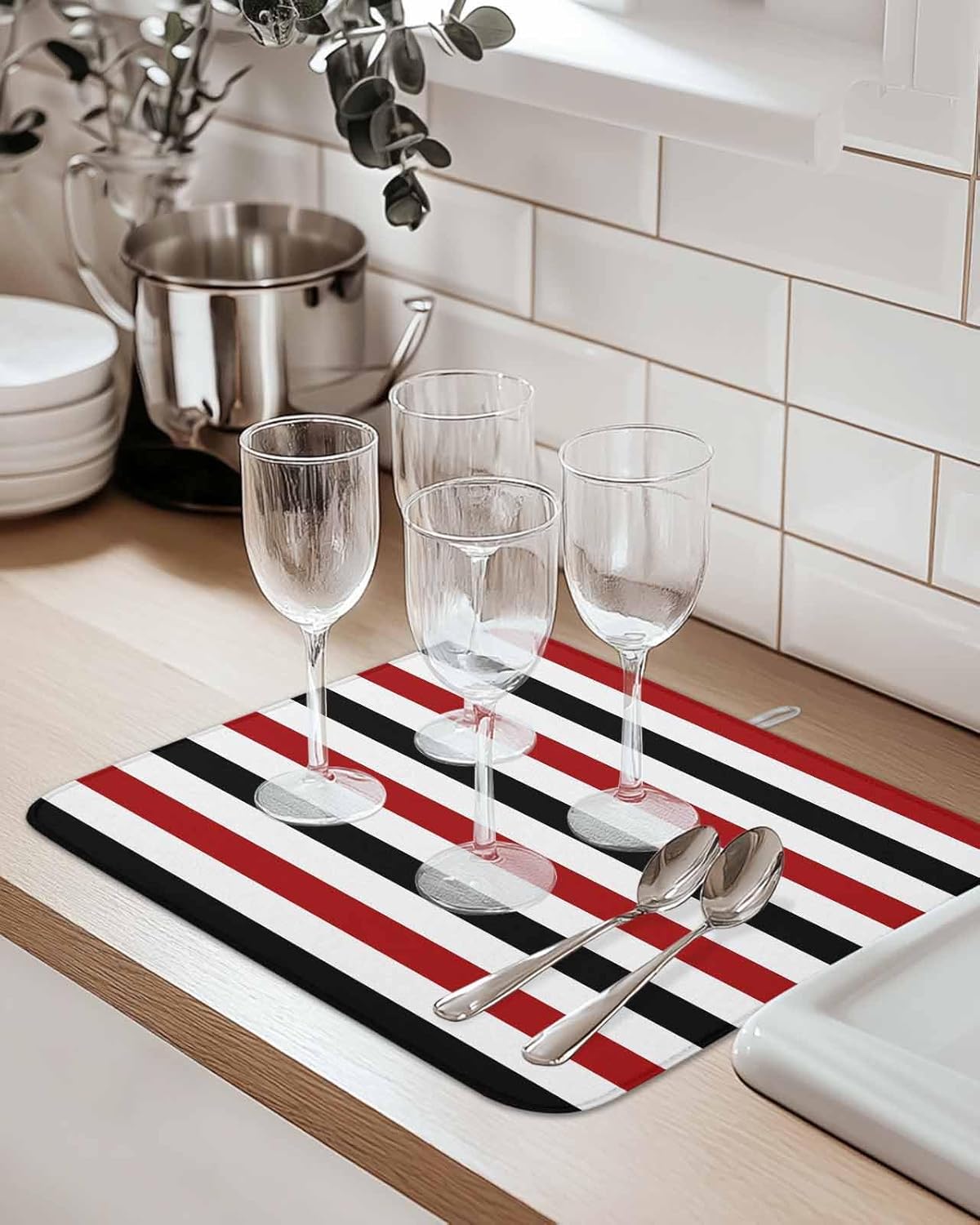 Dish Drying Mat for Kitchen Counter,Red Black Striped Absorbent Microfiber Drainer Rack Pad Classic Geometric Line Quick Dry Mat for Sinks Dishes Utensils 18x24in,2 Pack
