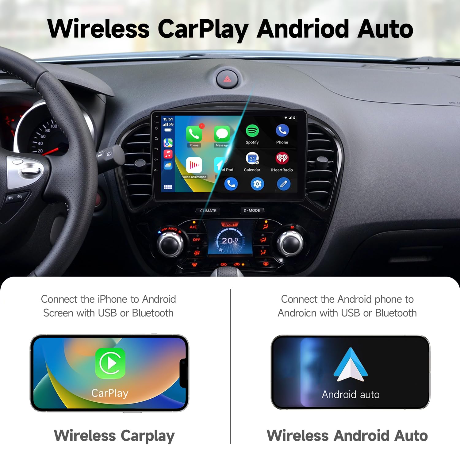 VIBEX | Autoradio Android per Nissan Juke 2011-2016 / Infiniti ESQ, con CarPlay e Android Auto Wireless, schermo touch da 9 pollici, GPS, Mirror Link, Bluetooth, WiFi, DSP, radio FM/RDS