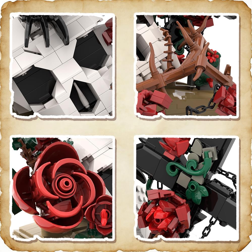 Gothic Raven Skull Rose Building Set - 852pcs Skull Decor with Flowers & Cross, Valentine‘s Day Decor for Adults, Men, Women, Home Office Table Centerpiece, Easter Basket Stuffer