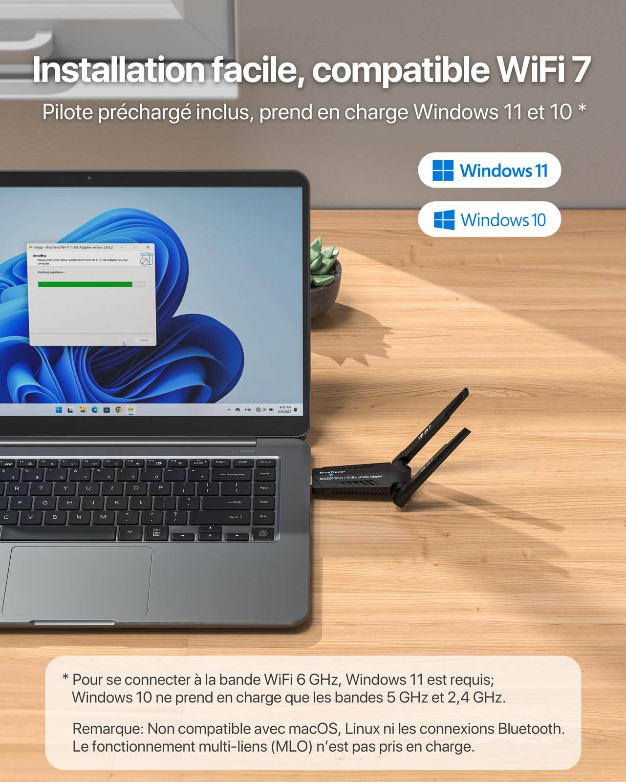 BrosTrend BE6500 Clé WiFi 7 USB 3.0 Tri-Bande 6GHz/5GHz/2.4GHz Longue Portée Antenne Wi-Fi PC Dongle Compatible Windows 11/10 WPA3