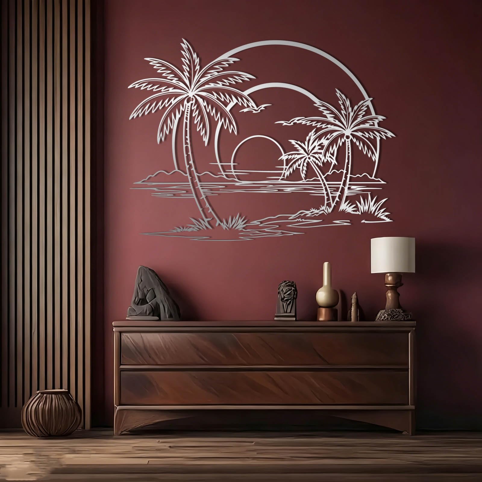 Schwarze Möwen aus Metall bei Sonnenuntergang, Tropische Palmen aus Metall bei Sonnenaufgang, minimalistische Palmen-Dekoration, Moderne Skulptur für Wohnzimmer, Schlafzimmer, Flur und Trepp