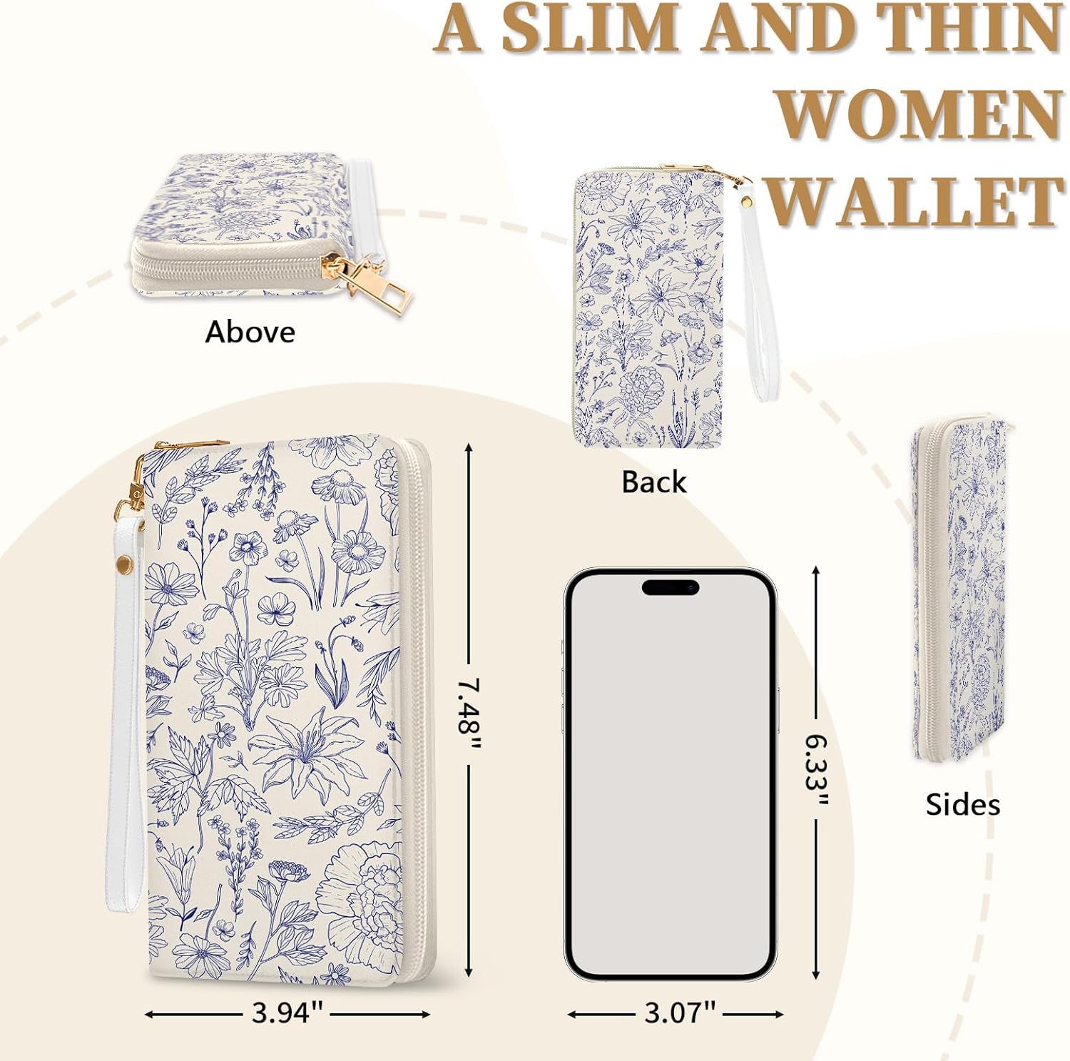 Blue Flower Women Wallet, RFID Blocking Credit Card Holder Wallet for Women Wristlet, Ladies Purse with Zip Around Phone Holder, Travel Large Capacity Wallets Hand Strap, Women's Clutch Organizer - Image 2