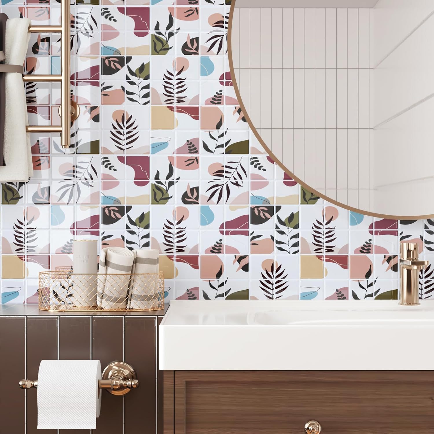 CRE8TIVE 16 Sheets Boho Peel and Stick Backsplash for Kitchen Back Splash Stick on Tiles for Bathroom Walls 12"x12" Geometric Leaf Small Square Mosaic Tile Waterproof Removable Backsplash for Renters