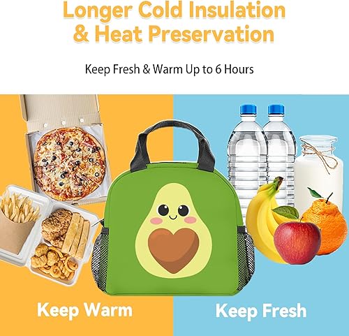 Miniatura 6 de Lonchera de aguacate para niños, lonchera aislada para niñas, bolsas de almuerzo Kawaii verdes con correa para el hombro, pequeña bolsa reutilizable