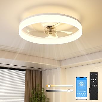 NIORSUN 50CM LED Ceiling Light with Fan and Remote & APP Control, Flush Mount Ceiling Fan, Stepless 6 Speeds,Quiet Dimmable Ceiling Light for Living Room White  [Energy Class E]