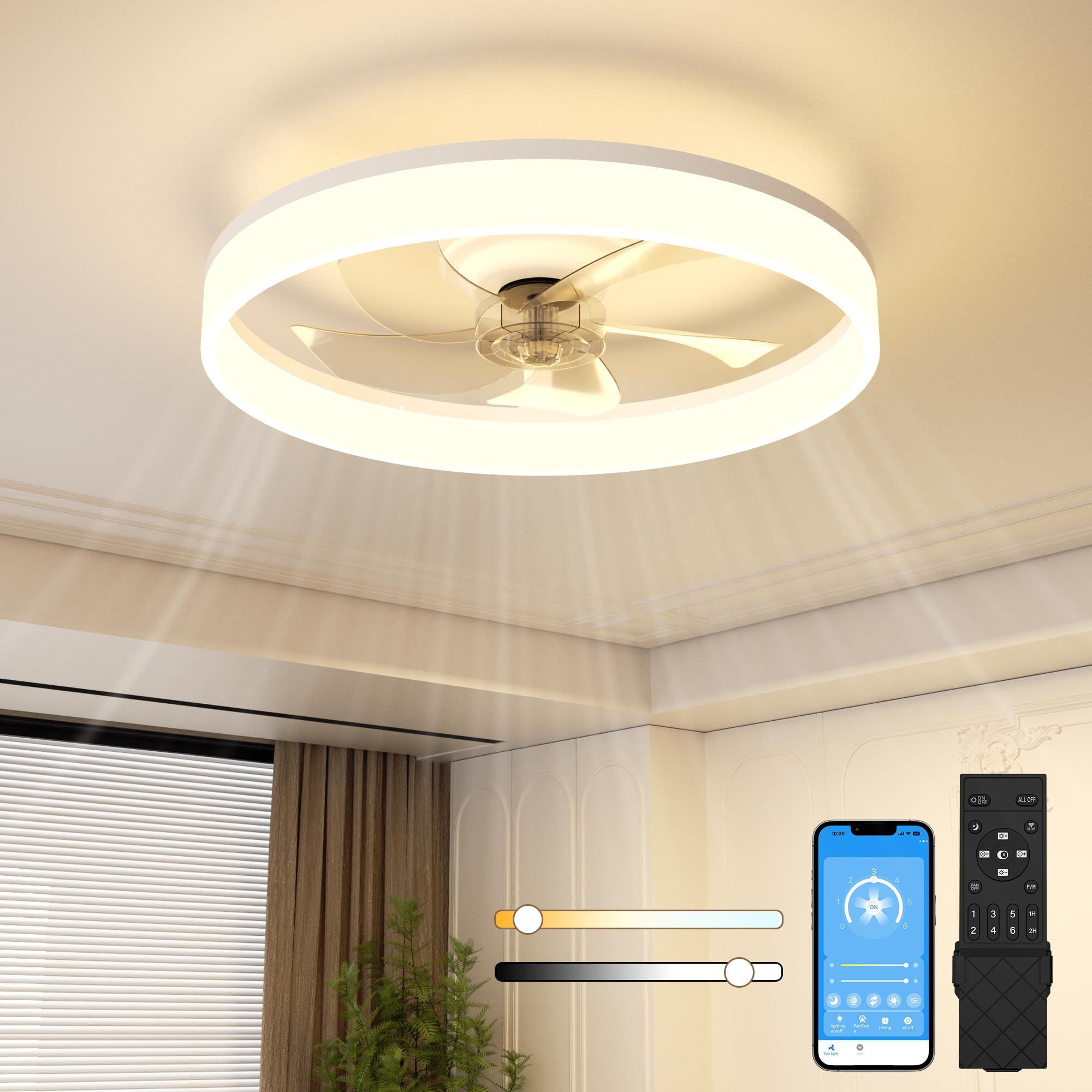 NIORSUN 60CM LED Ceiling Light with Fan and Remote & APP Control, Flush Mount Ceiling Fan, Stepless 6 Speeds,Quiet Dimmable Ceiling Light for Living RoomοΌWhiteοΌ