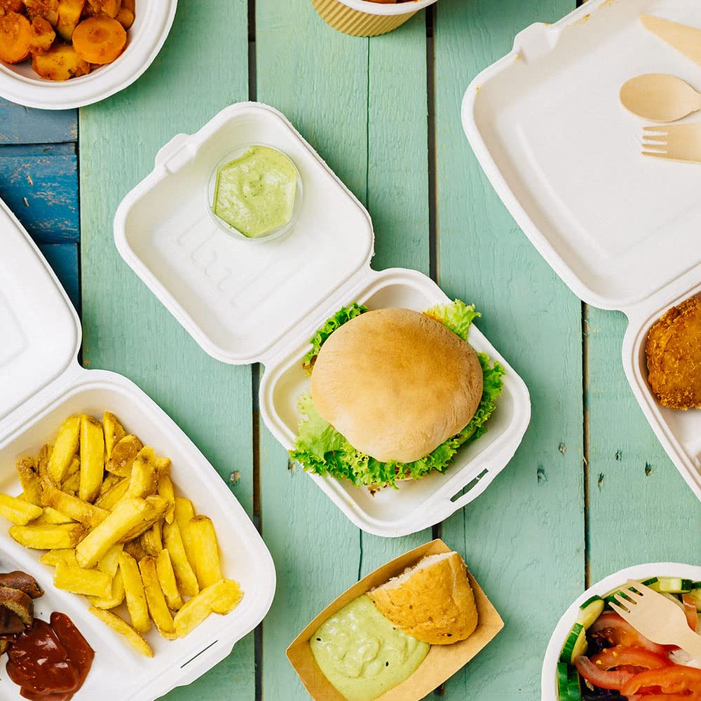 BIOZOYG Bio hamburguesas, desechables, biodegradables, para hamburguesas, bagazo compostable, 500 ml, tapa plegable, caja de 14,3 x 15 cm, 500 unidades, caja cuadrada blanca