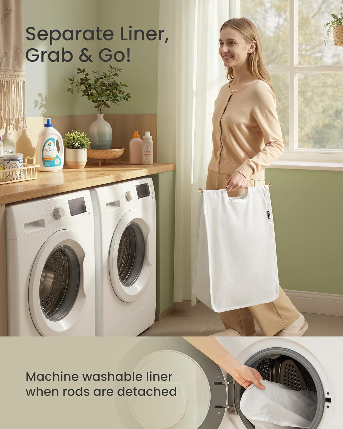 SONGMICS 4-Section Laundry Hamper with Lid, 55.4 Gal (210L) PE Rattan Laundry Basket with Removable Washable Liners, for Bedroom & Living Room, Goose Yellow ULCB224YE01