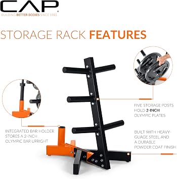 Cap Olympic Plate Tree Storage Rack for Weights & Barbells, Heavy-Duty Steel Weight Plate Organizer for 2-Inch Olympic Plates, Space-Saving Storage Rack, 300lb Capacity, Multiple Colors